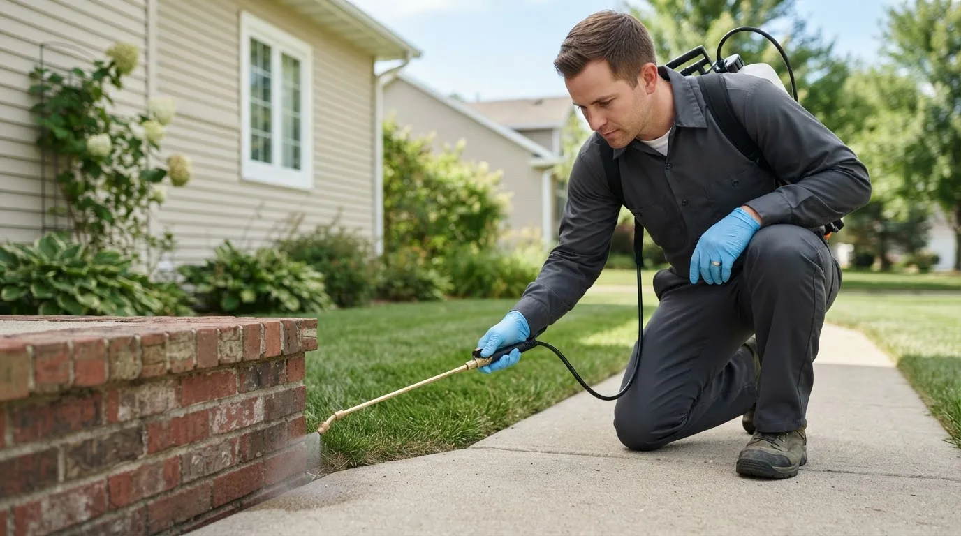 Pest control technician treating a home near Marshall, ND